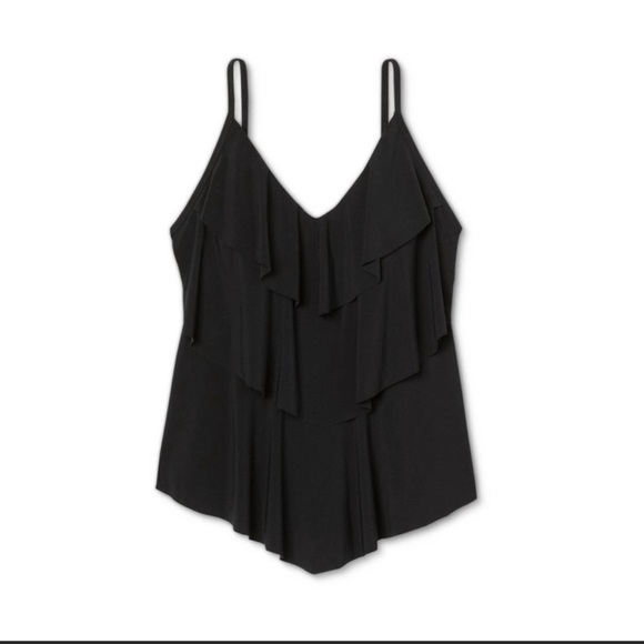 WOMEN’S Sleeveless Tiered Ruffle Tankini Swimsuit Top Black - Picture 9 of 15